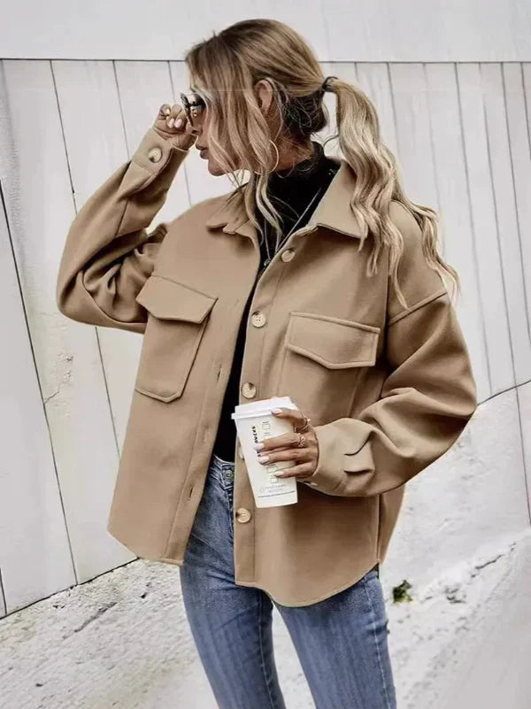 Women’s Wool Coat – Oversized Fit – Button Front – Notched Collar – Flap Pockets