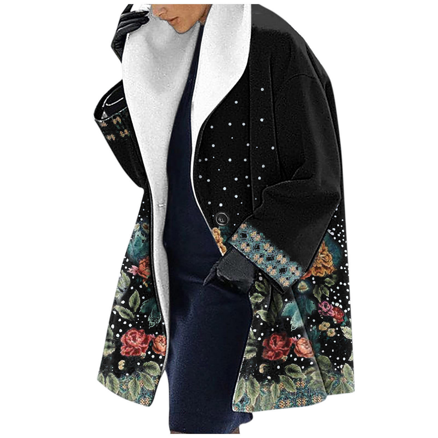 Women’s Hooded Jacket – Wool – Loose Fit – Mid-Length – Ethnic Floral Print Casual Wear