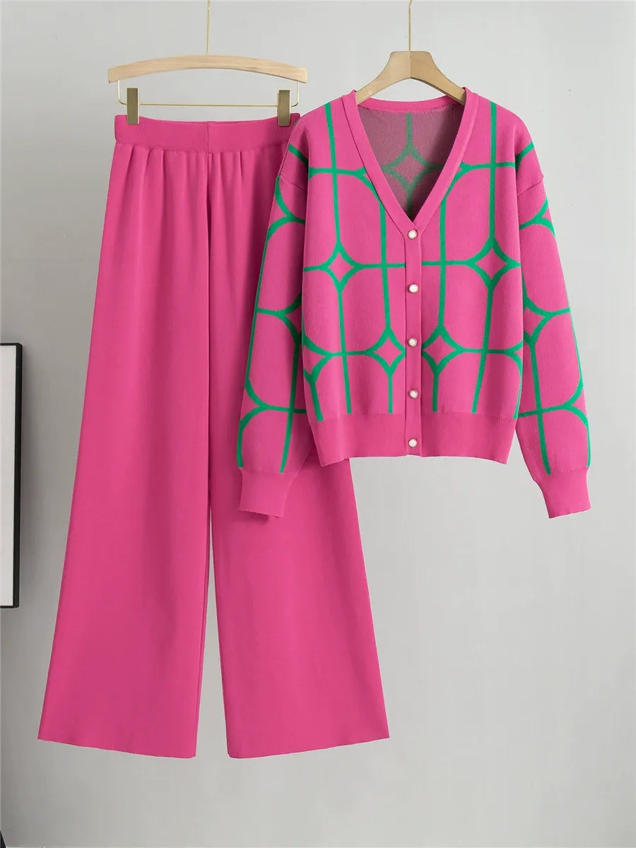 Women’s Two-Piece Knitted Cardigan Set – Relaxed Fit – Cropped Length – V-Neck – Geometric Pattern