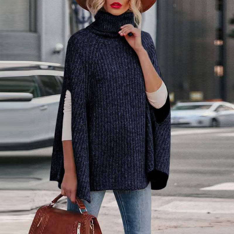 Women’s Cape – Loose Fit – Wool Blend Knit – High Neck – Arm Slit Design