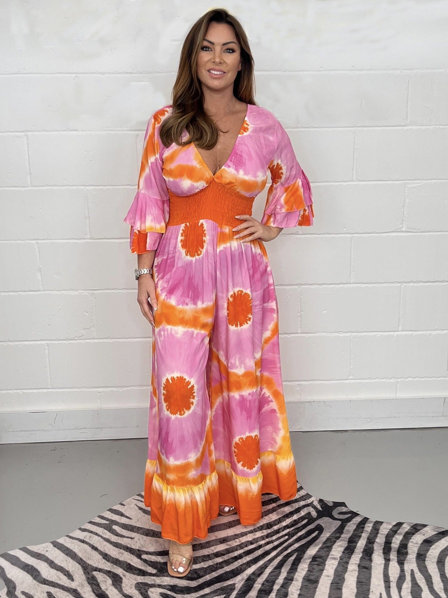 Women’s Jumpsuit – Tie-Dye Print – V-Neck – Bell Sleeves – Flared Leg Relaxed Fit