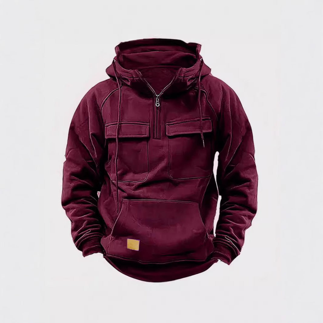 Men's Hoodie Relaxed Fit Half Zip Chest Flap Pockets Soft Cotton Fleece by TrendAura