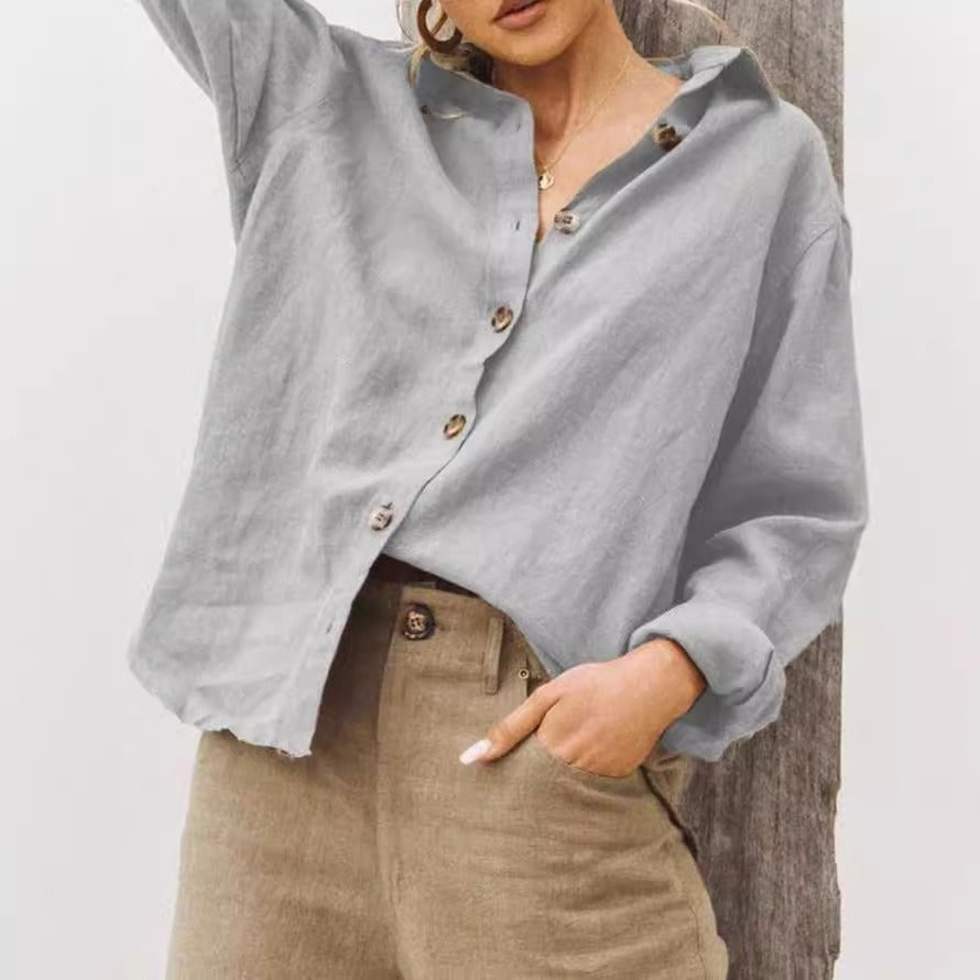Women’s Shirt – Loose Fit – Cotton Linen Blend – Long Sleeve – Button Front Collar