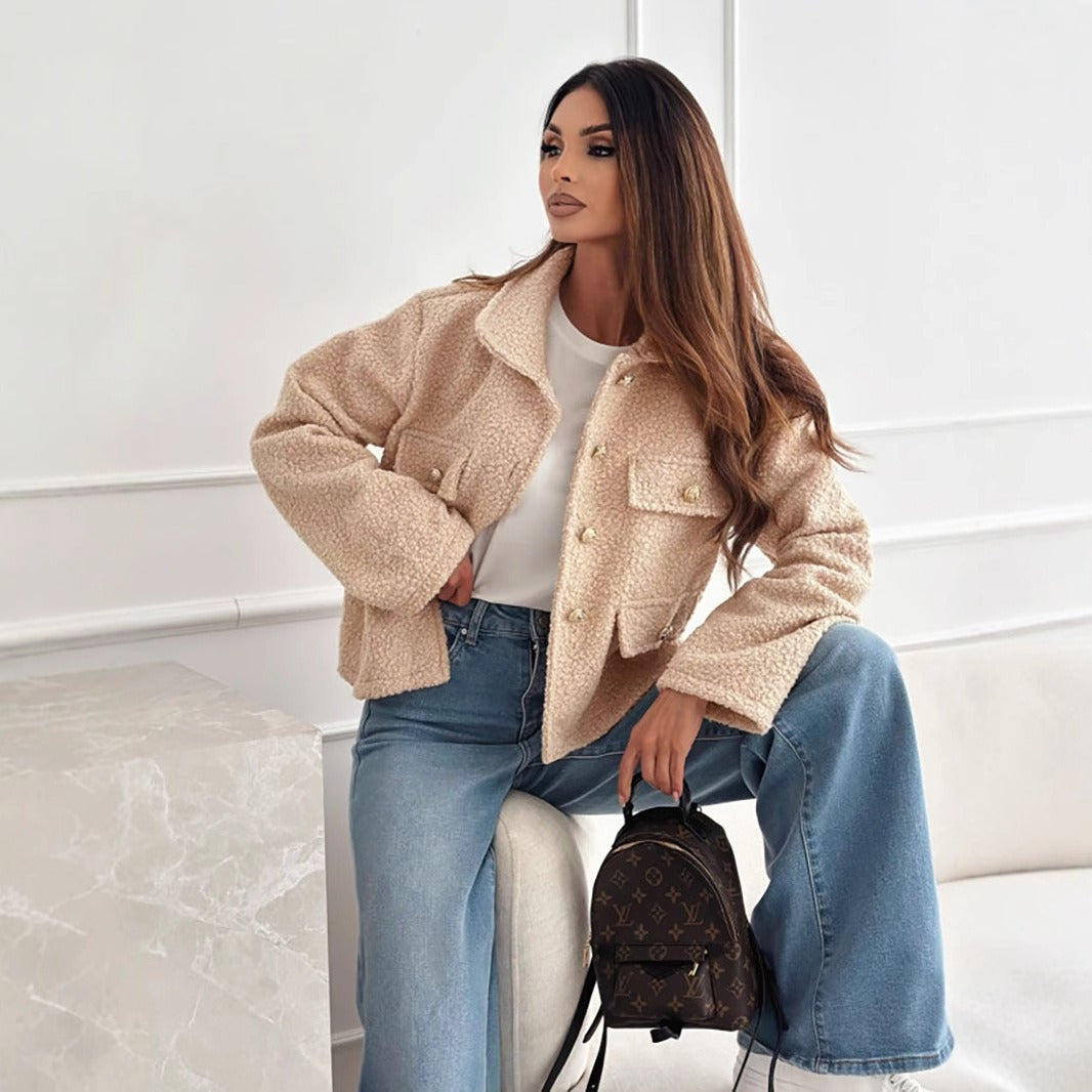Women’s Jacket - Faux-Shearling Knit - Relaxed Fit - Hip Length - Collared - Metallic Button Closure