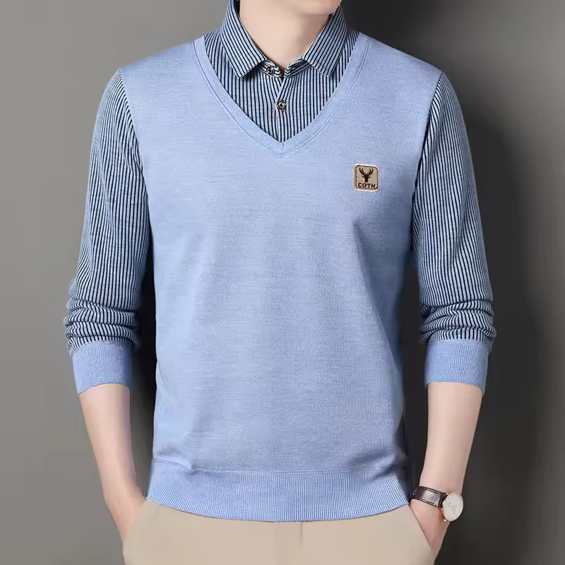 Men's Pullover Sweatshirt Slim Fit Knit V Neck Faux Layered Plaid Sleeves Nordisk Flair Mens Casual Knitwear