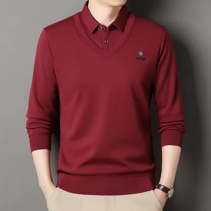 Nordisk Flair Men's Fleece Lined Pullover Sweater Slim Fit Polo Collar V Neck Ribbed Trim