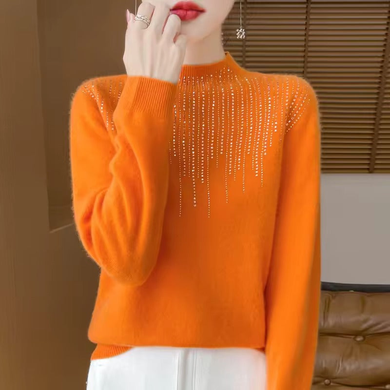 Women’s Sweater – Wool Knit – Loose Fit – High Neck – Embellished Diamond Pattern