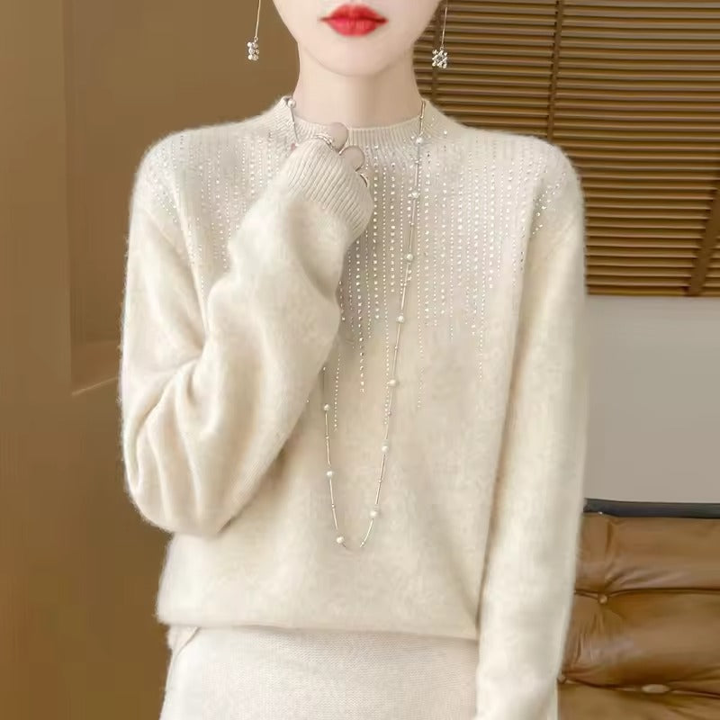 Women’s Sweater – Wool Knit – Loose Fit – High Neck – Embellished Diamond Pattern