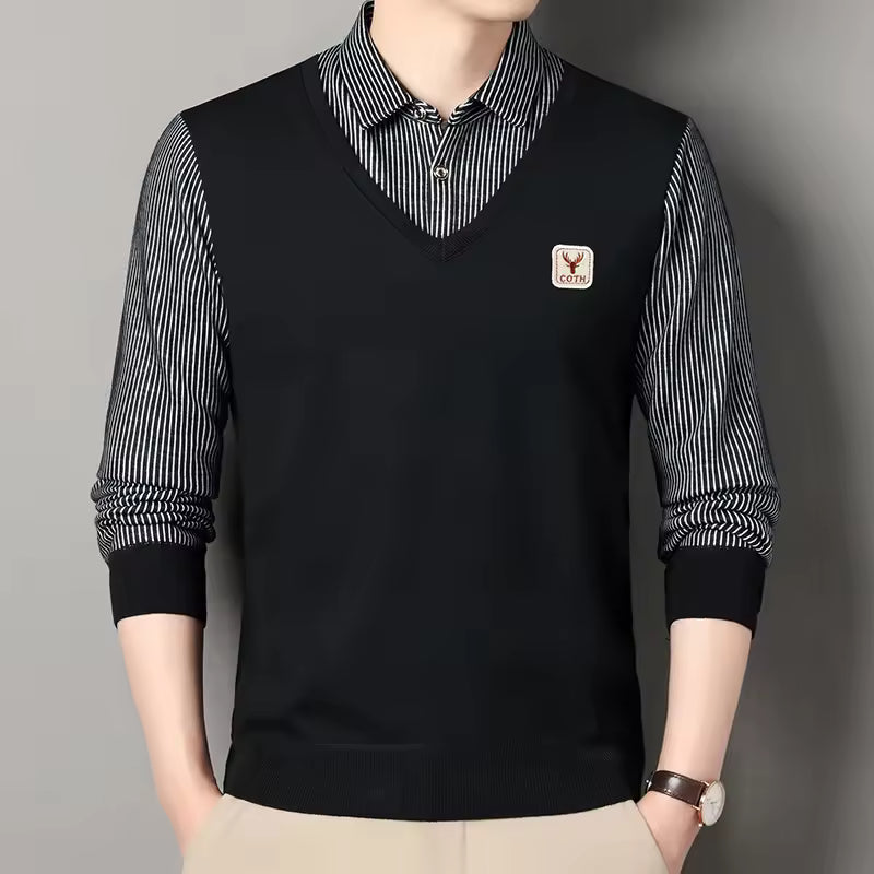 Men's Pullover Sweatshirt Slim Fit Knit V Neck Faux Layered Plaid Sleeves Nordisk Flair Mens Casual Knitwear