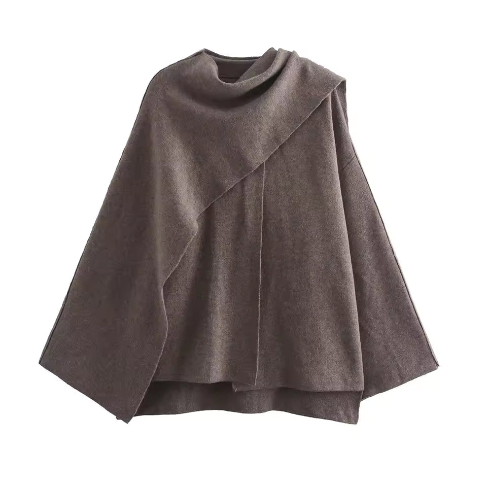 Women’s Coat – Oversized Fit – Wool Knit – Asymmetrical Shawl Collar – Mid Length
