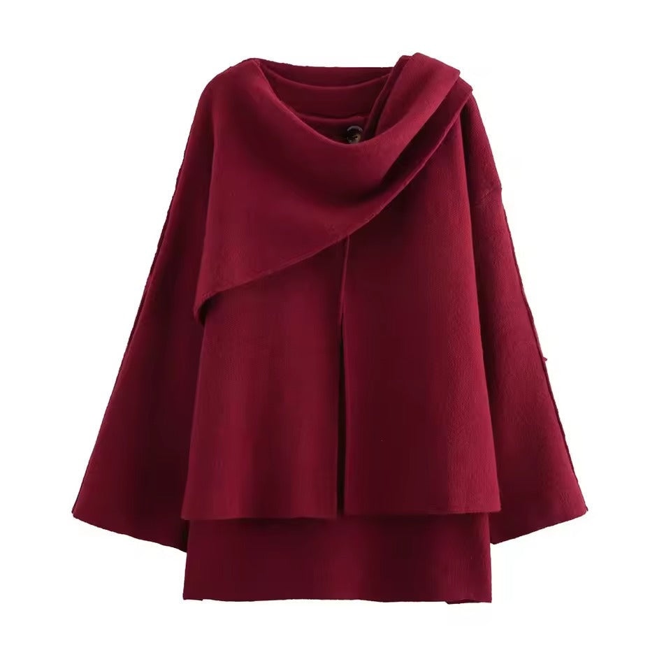 Women’s Coat – Oversized Fit – Wool Knit – Asymmetrical Shawl Collar – Mid Length