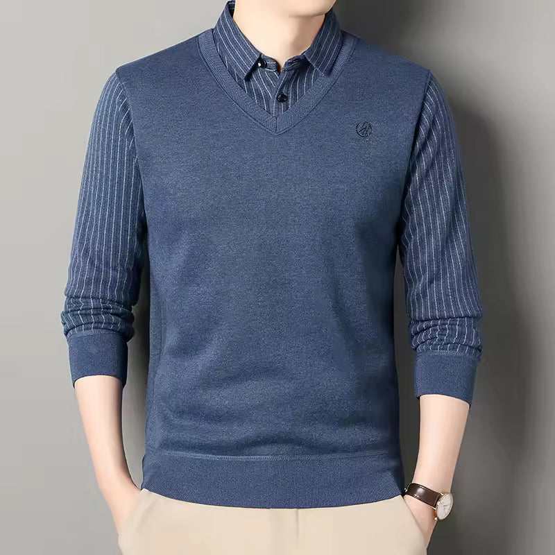 Nordisk Flair Men's Fleece Lined Pullover Sweater Slim Fit Polo Collar V Neck Ribbed Trim