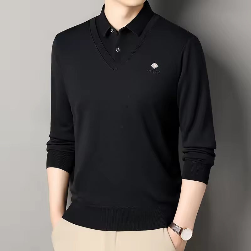 Nordisk Flair Men's Fleece Lined Pullover Sweater Slim Fit Polo Collar V Neck Ribbed Trim