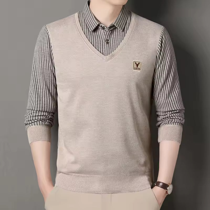 Men's Pullover Sweatshirt Slim Fit Knit V Neck Faux Layered Plaid Sleeves Nordisk Flair Mens Casual Knitwear