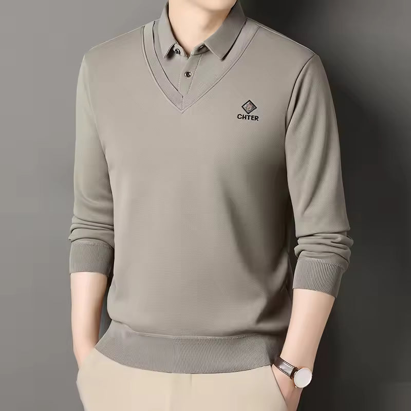 Nordisk Flair Men's Fleece Lined Pullover Sweater Slim Fit Polo Collar V Neck Ribbed Trim