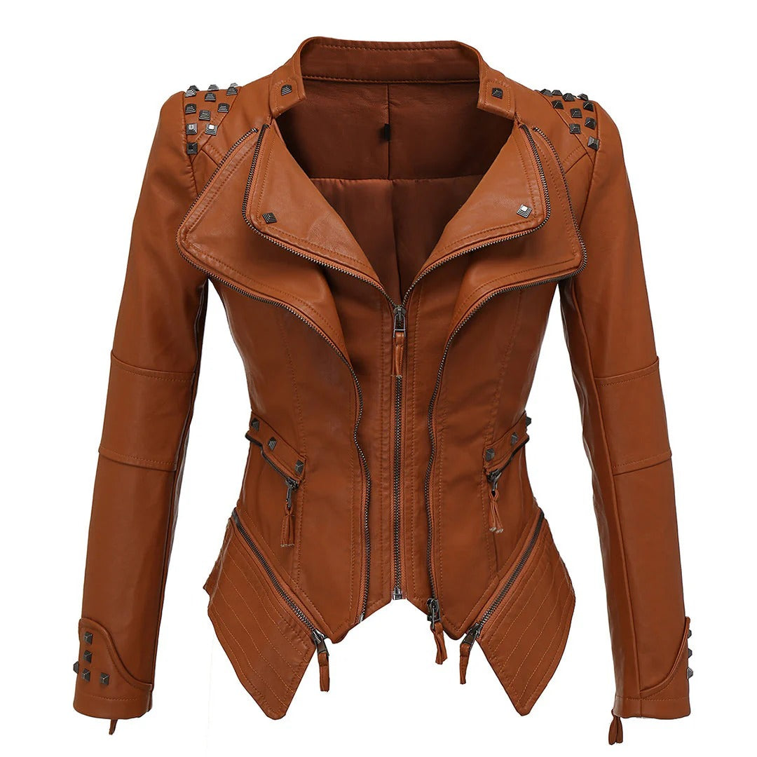 Women’s Biker Jacket – Slim Fit – Studded Shoulders – Asymmetrical Zip – Zippered Cuffs