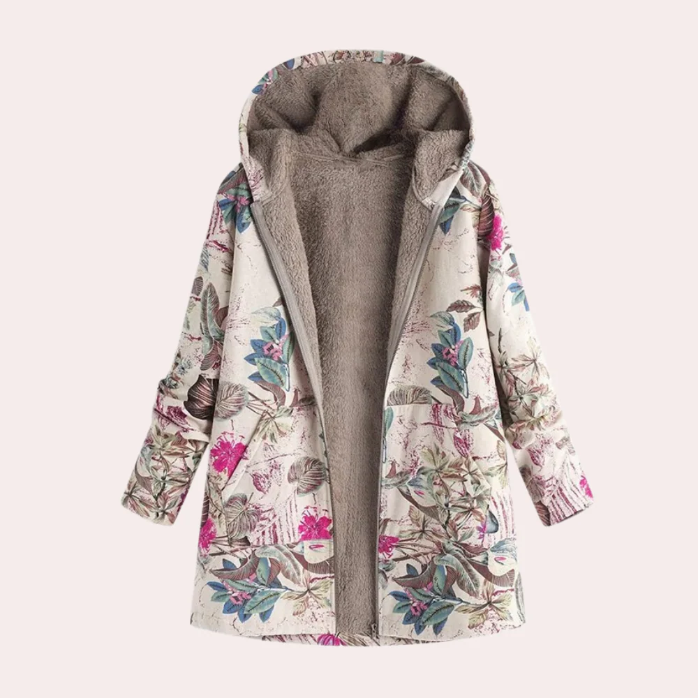 Women’s Hooded Jacket – Relaxed Fit – Plush Lined – Floral Print – Hip Length
