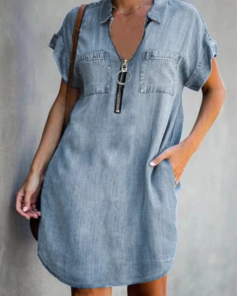 Women’s Denim Dress – Relaxed Fit – Short Sleeve – Zipper Front – Utility Pockets