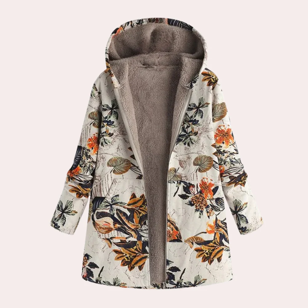 Women’s Hooded Jacket – Relaxed Fit – Plush Lined – Floral Print – Hip Length