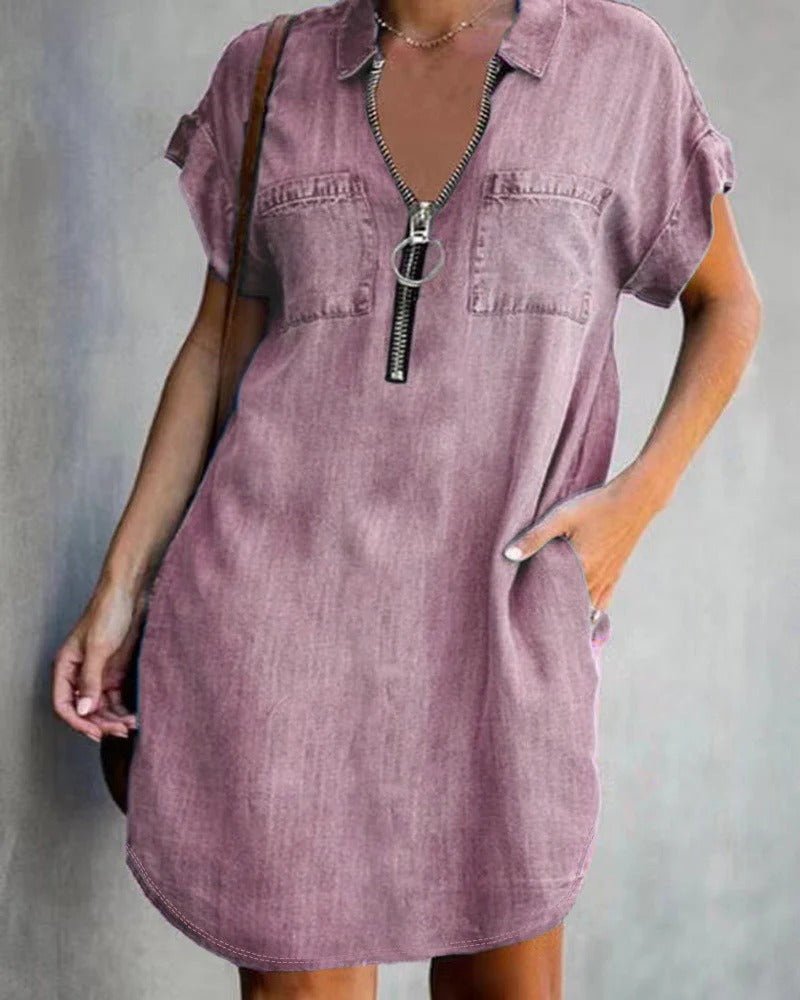 Women’s Denim Dress – Relaxed Fit – Short Sleeve – Zipper Front – Utility Pockets