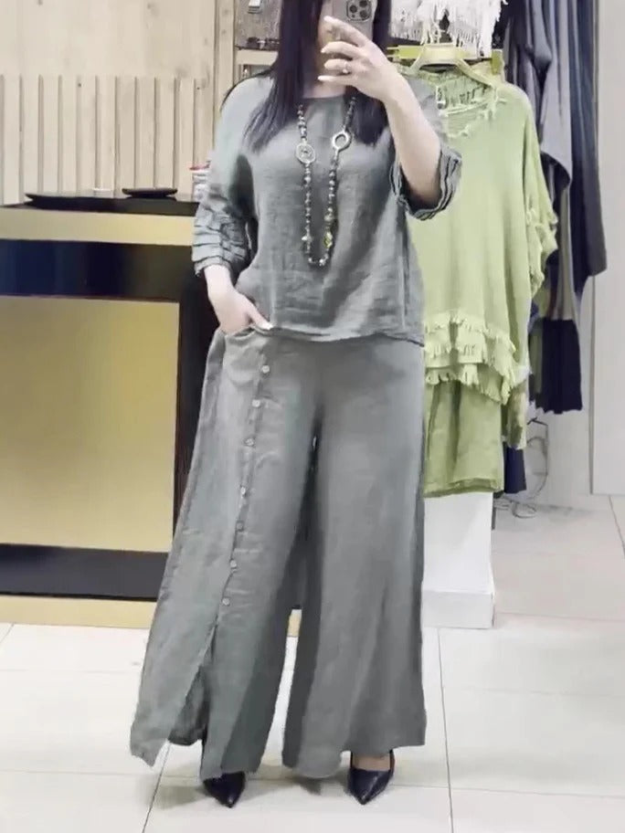 Women’s Two-Piece Set – Linen Relaxed Fit Top – Wide-Leg Pants with Button Detail