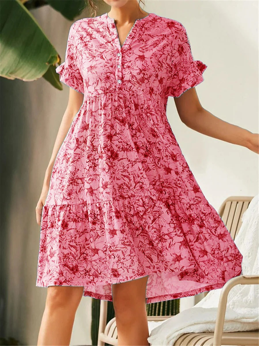 Women’s A-Line Dress – V-Neck – Floral Print – Tiered Skirt – Ruffled Sleeves – Cotton Blend