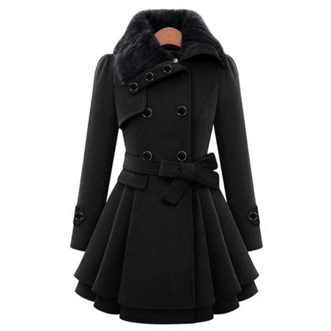 Women’s Coat – Tailored Fit – Wool Texture – Double-Breasted – Faux Fur Collar – Belted Waist