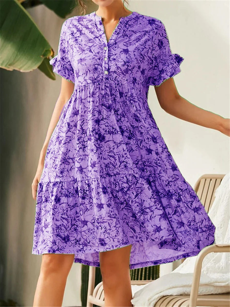 Women’s A-Line Dress – V-Neck – Floral Print – Tiered Skirt – Ruffled Sleeves – Cotton Blend