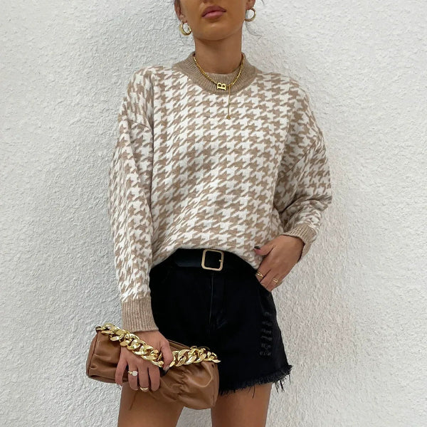 Women’s Pullover Sweater – Relaxed Fit – Wool Blend – Houndstooth – Ribbed Trim