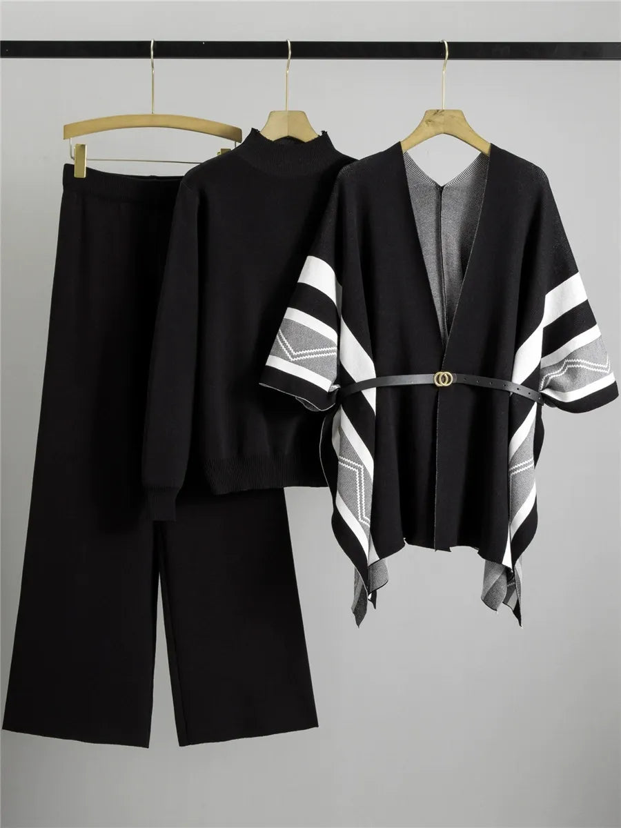 Women’s Three-Piece Shawl Cardigan – Knitted Soft Drape – Belted Mid-Thigh Length – Striped Sleeve