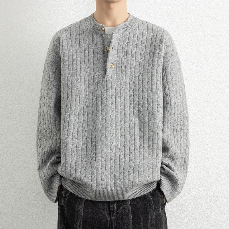 Men's Wool Blend Knit Pullover Sweater With Henley Neck And Ribbed Trim Casual Everyday Wear