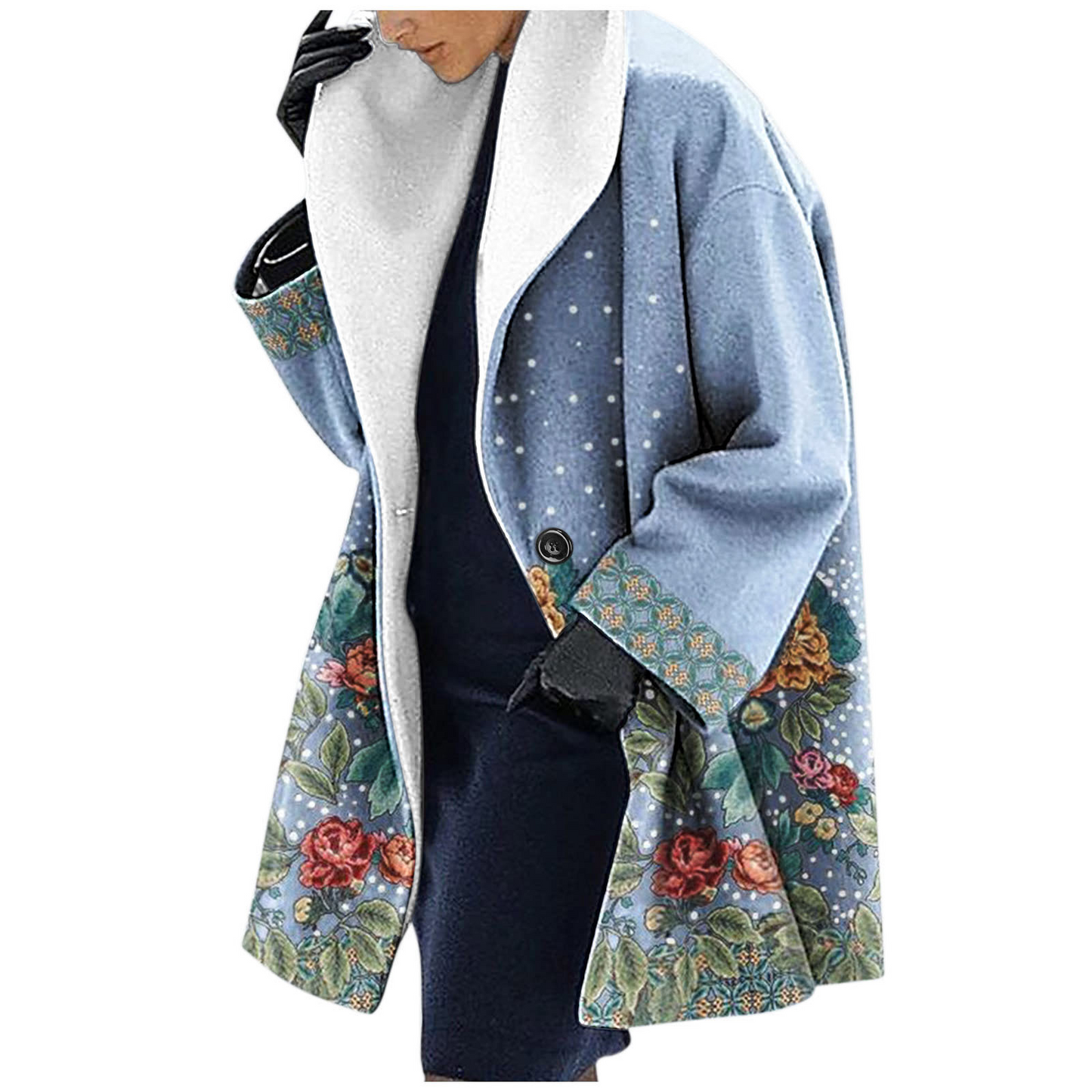 Women’s Hooded Jacket – Wool – Loose Fit – Mid-Length – Ethnic Floral Print Casual Wear