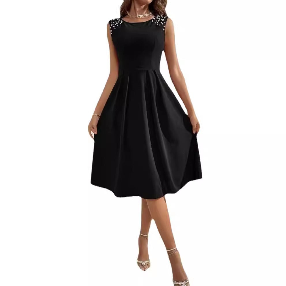 Women’s Midi Dress – Fitted Waist – A-Line Silhouette – Beaded Sleeveless Design