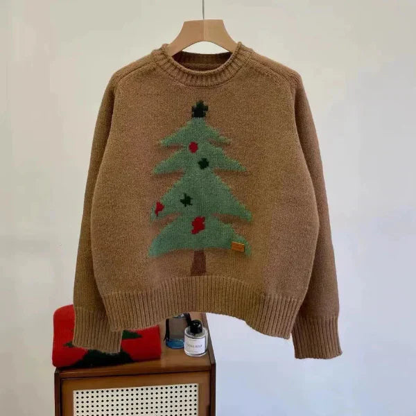 Women’s Pullover Sweater – Wool Knit – Relaxed Fit – Crew Neck – Tree Graphic