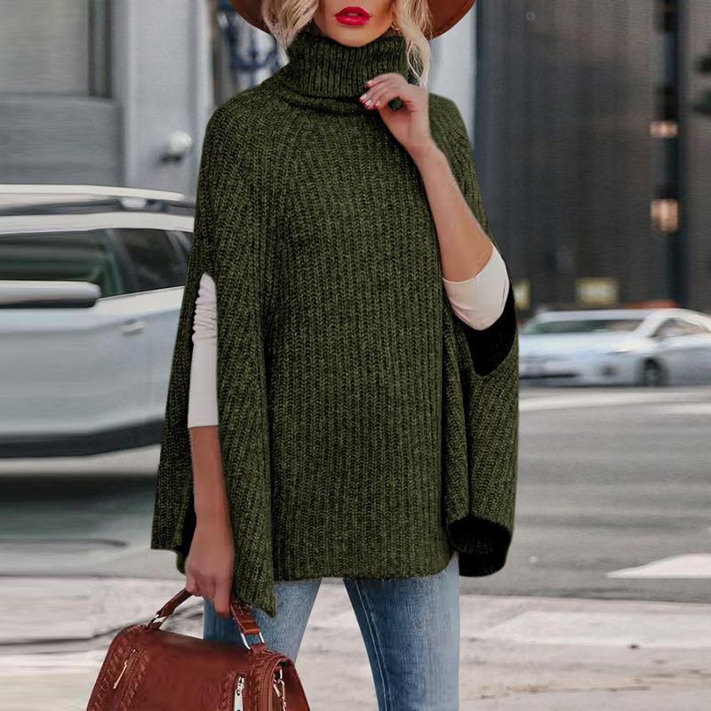 Women’s Cape – Loose Fit – Wool Blend Knit – High Neck – Arm Slit Design