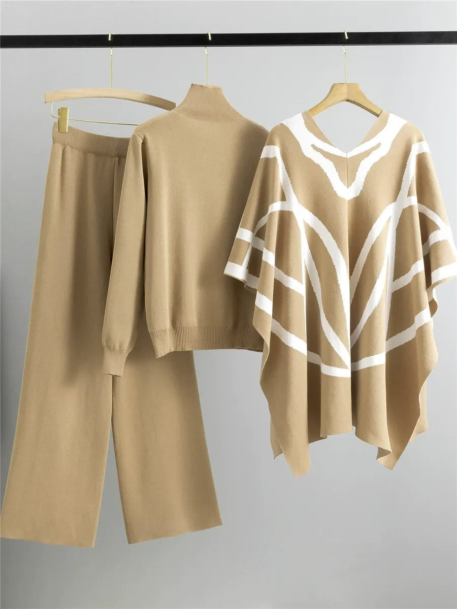 Women’s Three-Piece Shawl Cape Set – Knitted Fabric – Open Front – Geometric Pattern – Relaxed Fit