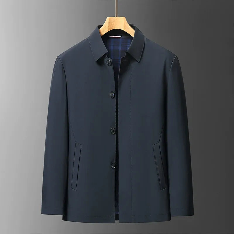 Men's Regular Fit Mid-Length Jacket With Button Front Point Collar And Plaid Lining