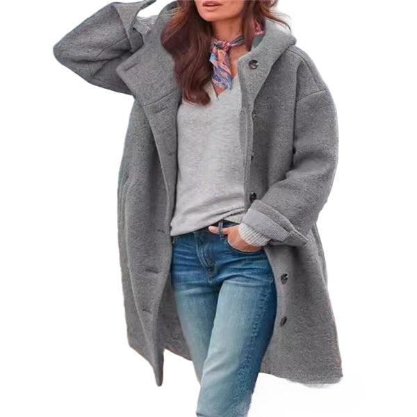 Women’s Full-Length Coat – Oversized Fit – Wool Texture – Hooded with Button Front