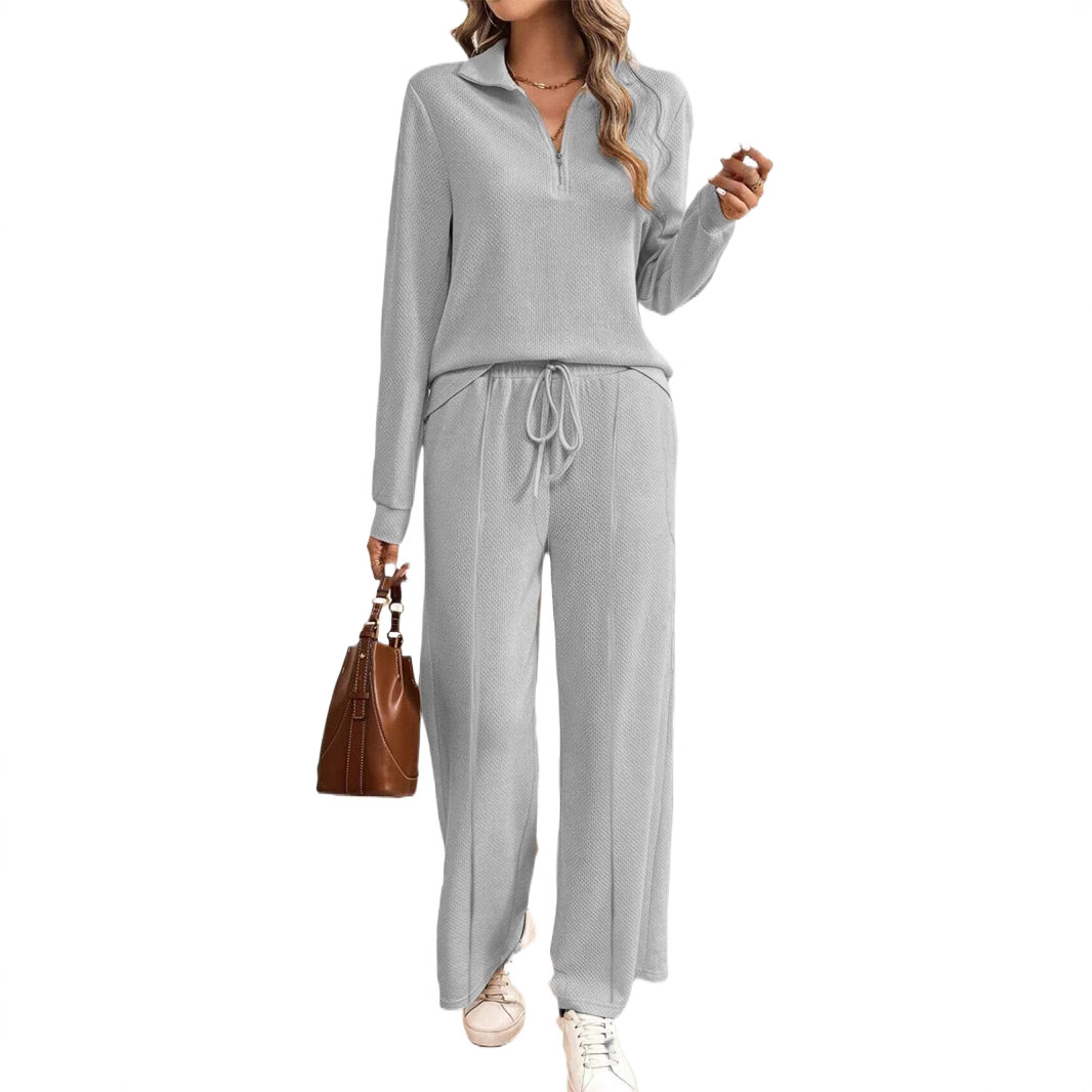 Women’s Two-Piece Lounge Set – Relaxed Fit – Textured Knit – Zip Collar – Drawstring Waist