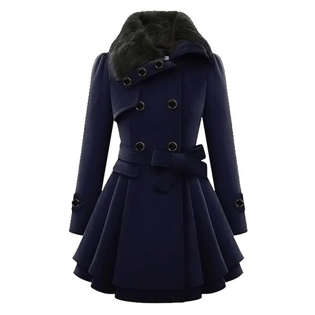 Women’s Coat – Tailored Fit – Wool Texture – Double-Breasted – Faux Fur Collar – Belted Waist