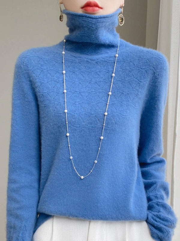 Women’s Turtleneck Sweater – Slim Fit – Wool Blend – Hollow Knit Design