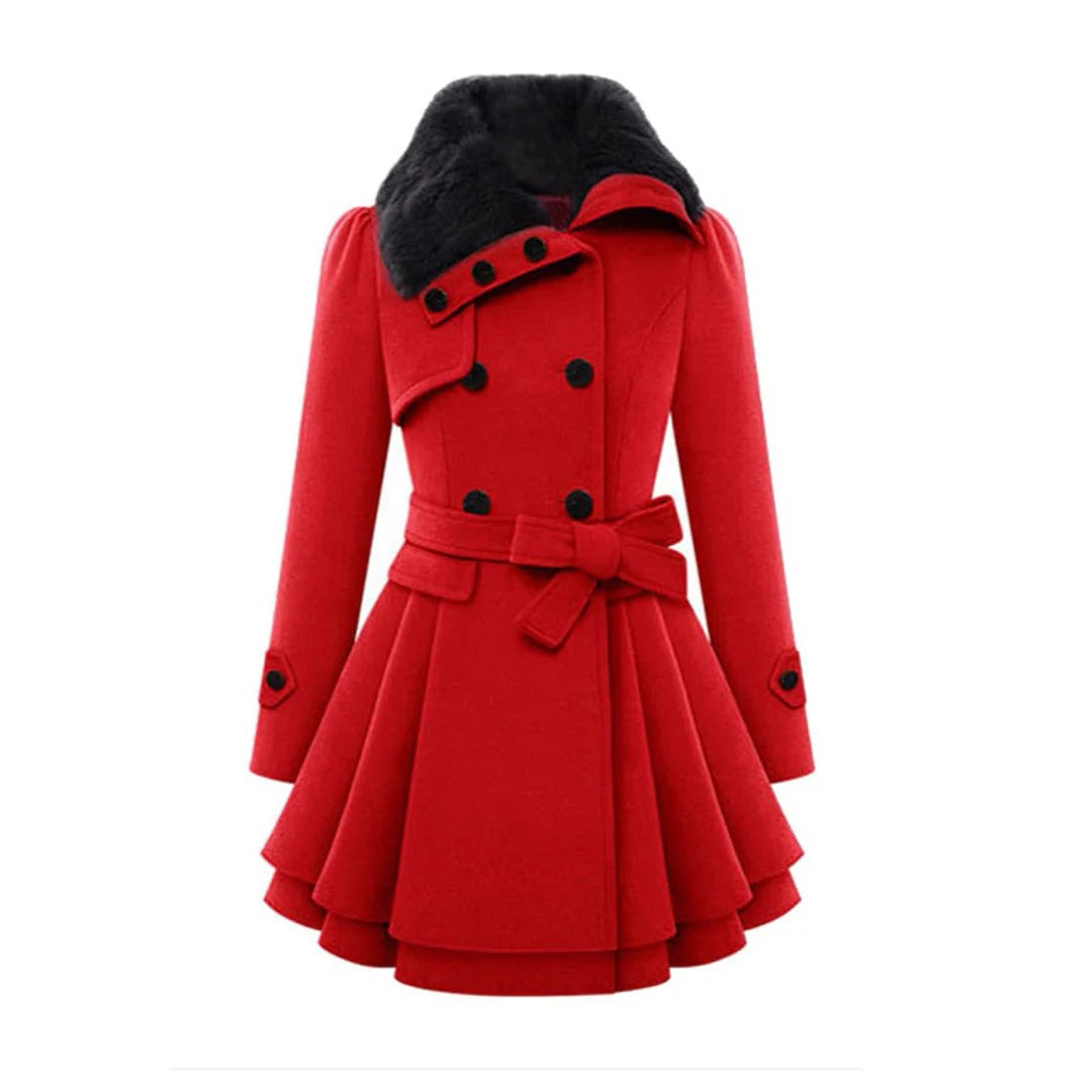 Women’s Coat – Tailored Fit – Wool Texture – Double-Breasted – Faux Fur Collar – Belted Waist