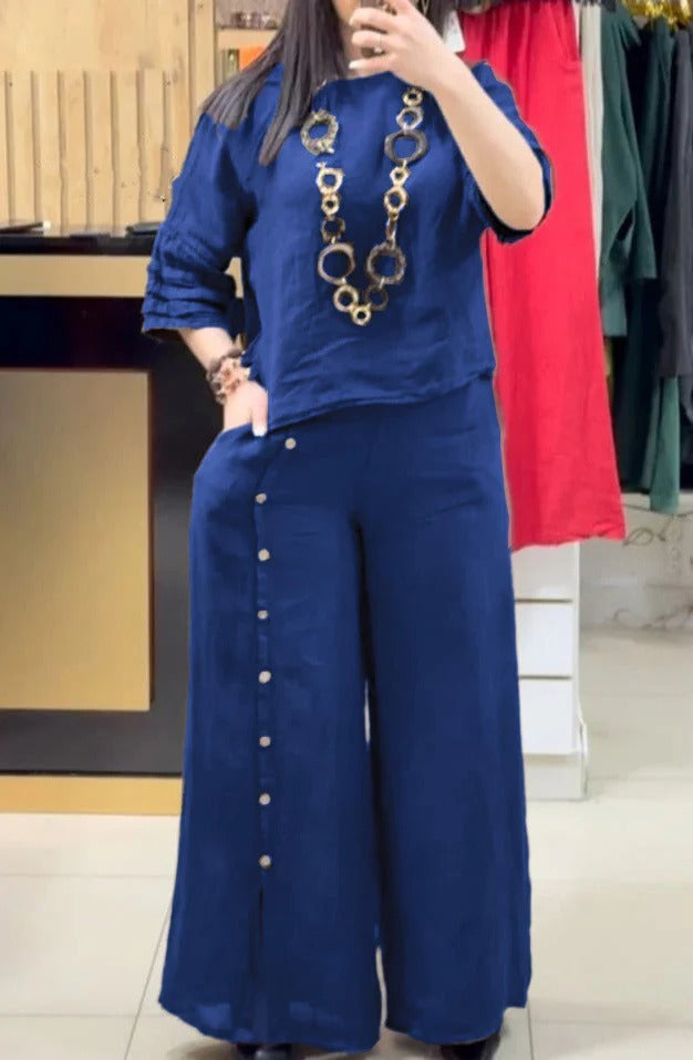 Women’s Two-Piece Set – Linen Relaxed Fit Top – Wide-Leg Pants with Button Detail