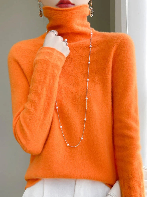 Women’s Turtleneck Sweater – Slim Fit – Wool Blend – Hollow Knit Design