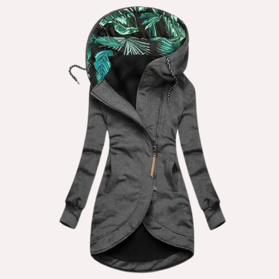 Women’s Fleece Jacket – Slim Fit – Hooded with Printed Lining – Asymmetrical Zip Closure