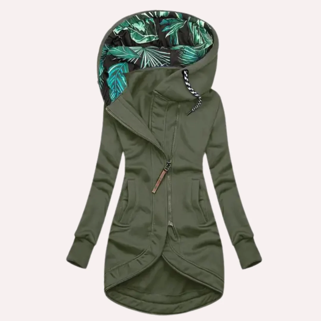 Women’s Fleece Jacket – Slim Fit – Hooded with Printed Lining – Asymmetrical Zip Closure