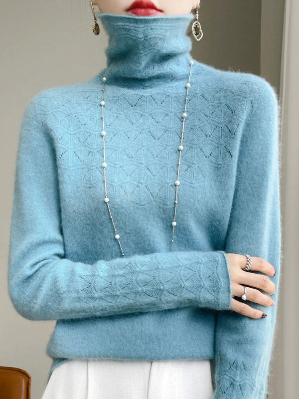 Women’s Turtleneck Sweater – Slim Fit – Wool Blend – Hollow Knit Design