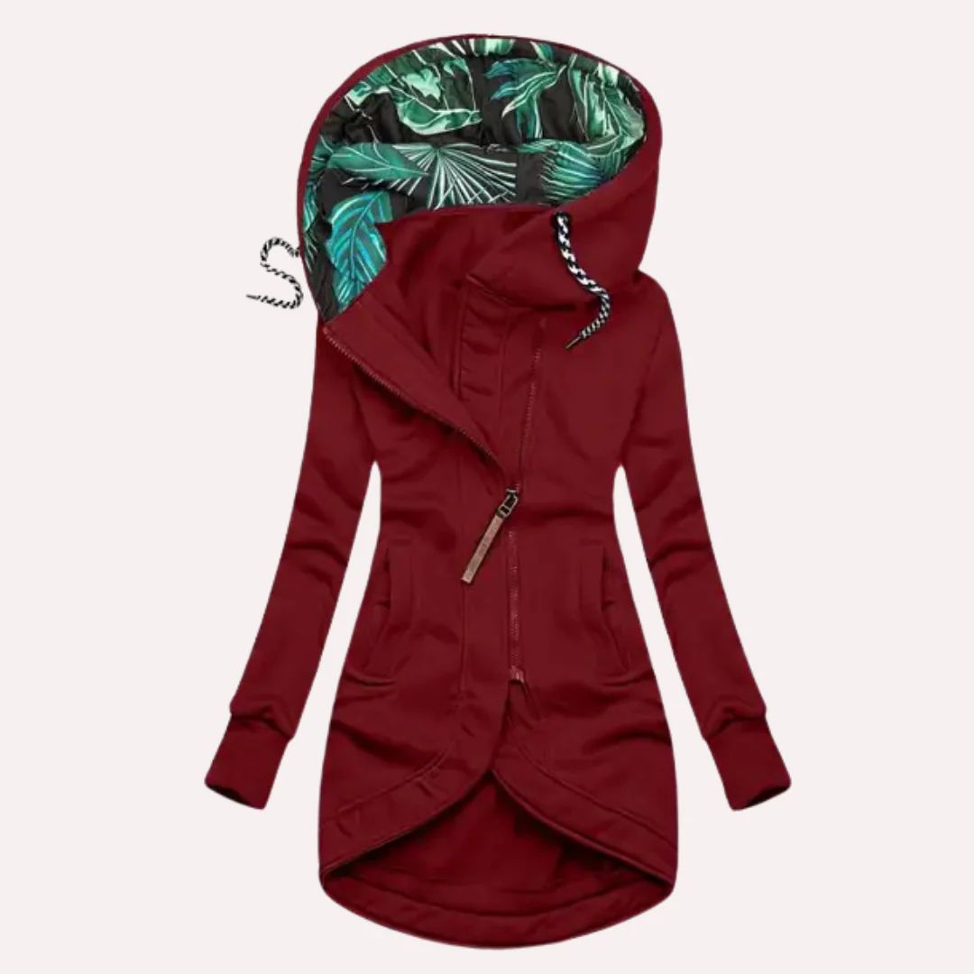 Women’s Fleece Jacket – Slim Fit – Hooded with Printed Lining – Asymmetrical Zip Closure