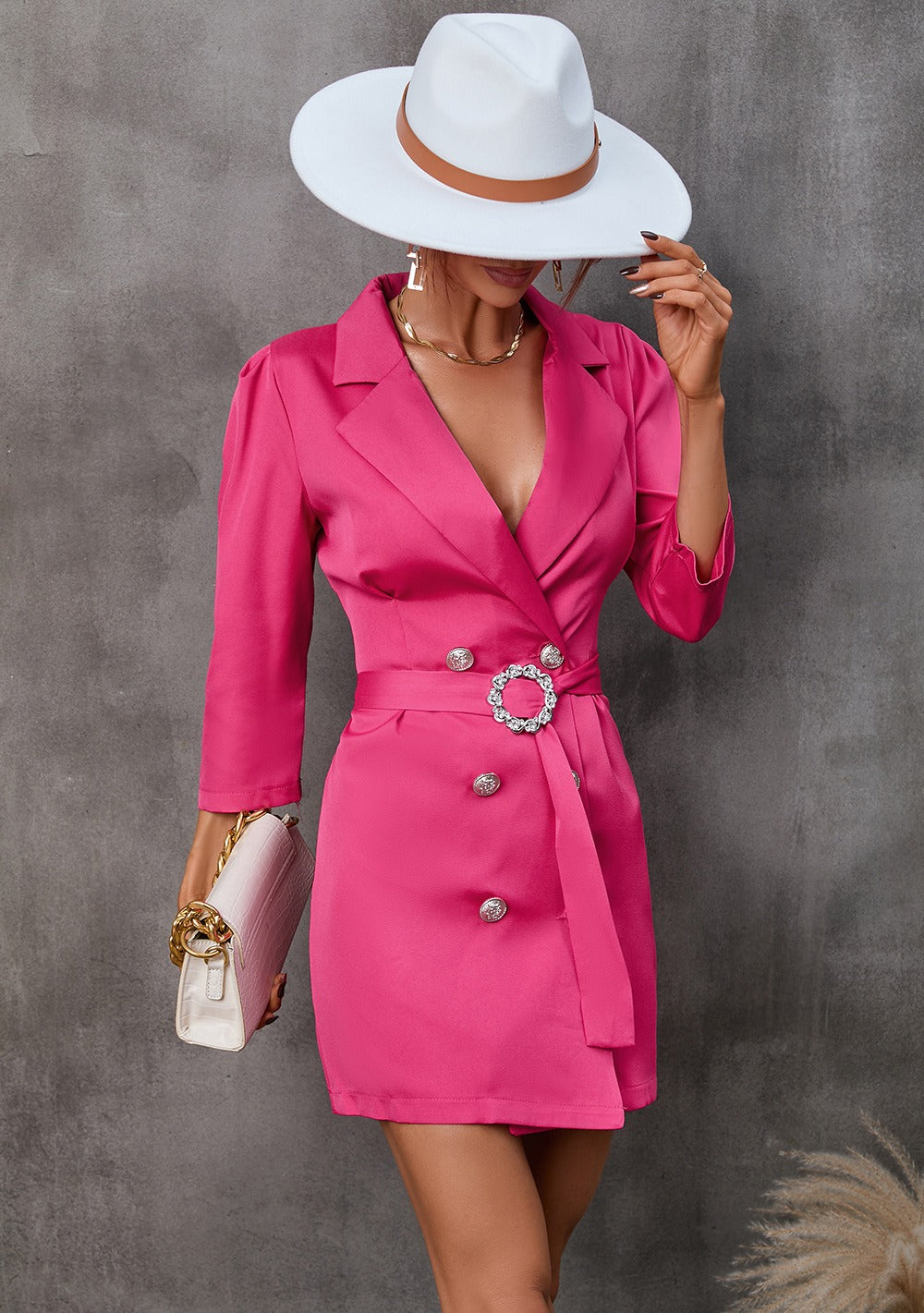 Women’s Blazer Dress – Tailored Wrap Fit – Belted Waist – Notched Lapel – Mini Length