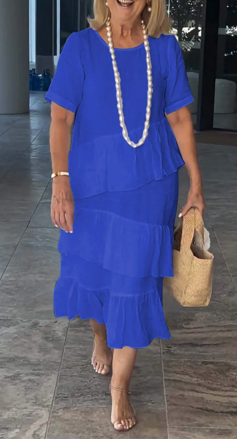 Women’s Maxi Dress – Relaxed Fit – Cotton Linen – Tiered – Short Sleeve Slip-On